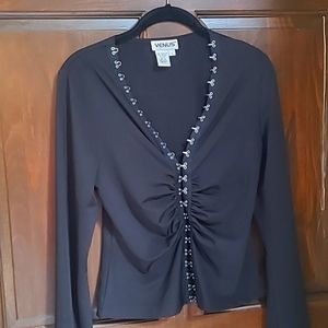 VENUS Vintage Black Hook Front Top with Bell Sleeves